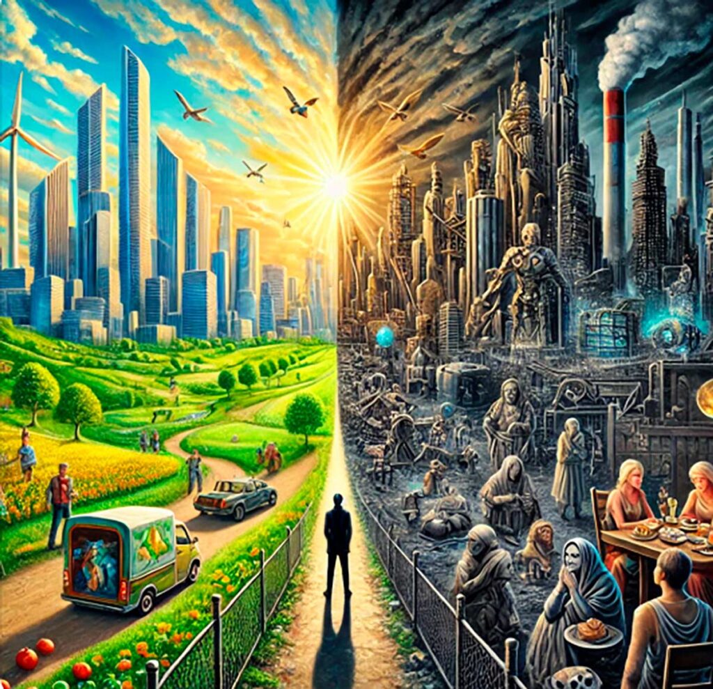 Figura 2. Pros y contras de la IA. Representación realista que simboliza los futuros contrastantes de la Inteligencia Artificial. A la izquierda, signos de riqueza y gran desarrollo, avances en salud, educación y sostenibilidad; a la derecha, pobreza, robots desplazando a los humanos, enfermedades, hambre y destrucción.