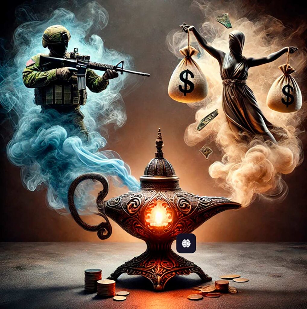 Figura 4. El genio liberado de la lámpara. Representación artÃstica de un soldado armado y un avaro con dinero emergiendo de una lámpara mágica. Cada figura simboliza aspectos negativos como la guerra y la avaricia.