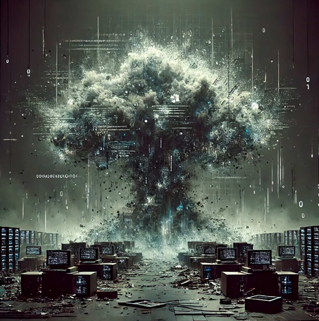 Figura 5 La bomba digital. Versión apocalÃptica de la explosión digital que surge de múltiples ordenadores como origen de la explosión, rodeados de datos, pantallas rotas y hardware destruido. El ambiente captura el caos y el colapso tecnológico en tonos oscuros y desaturados en un escenario de guerra y destrucción. Los tonos oscuros y la atmósfera caótica refuerzan la sensación de un desastre tecnológico en un mundo en ruinas.