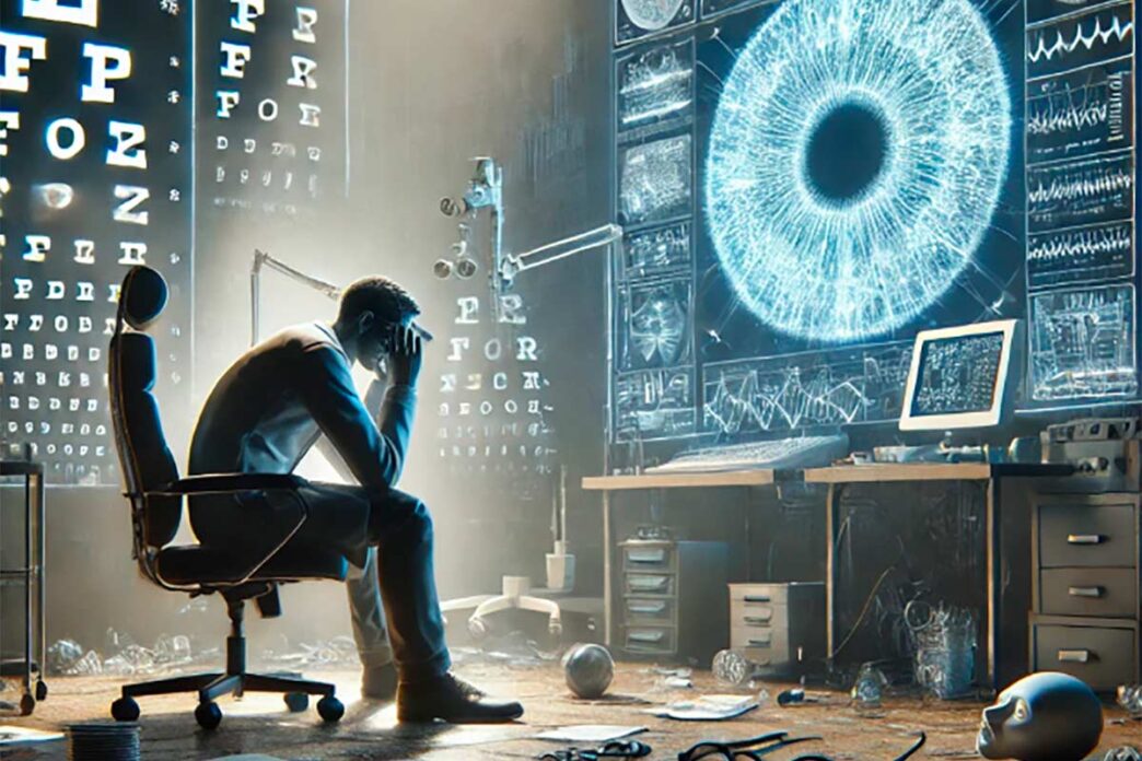 Figura 1. Batalla perdida. Representación alegórica de una batalla intelectual perdida en una consulta de Oftalmología, donde un ordenador equipado con Inteligencia Artificial domina la escena frente a un oftalmólogo agotado.