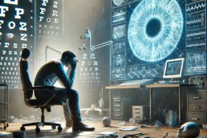 Figura 1. Batalla perdida. Representación alegórica de una batalla intelectual perdida en una consulta de Oftalmología, donde un ordenador equipado con Inteligencia Artificial domina la escena frente a un oftalmólogo agotado.