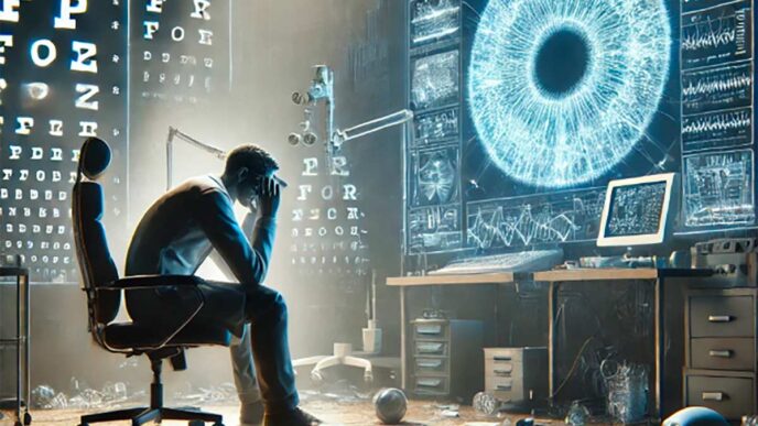 Figura 1. Batalla perdida. Representación alegórica de una batalla intelectual perdida en una consulta de Oftalmología, donde un ordenador equipado con Inteligencia Artificial domina la escena frente a un oftalmólogo agotado.