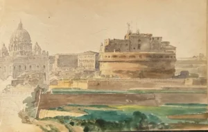 Castillo de Sant’Angelo, Vaticano, 1853-53. Acuarela sobre papel. 14,2 x 21.5 cm.