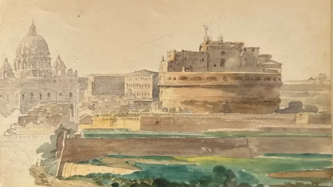 Castillo de Sant’Angelo, Vaticano, 1853-53. Acuarela sobre papel. 14,2 x 21.5 cm.
